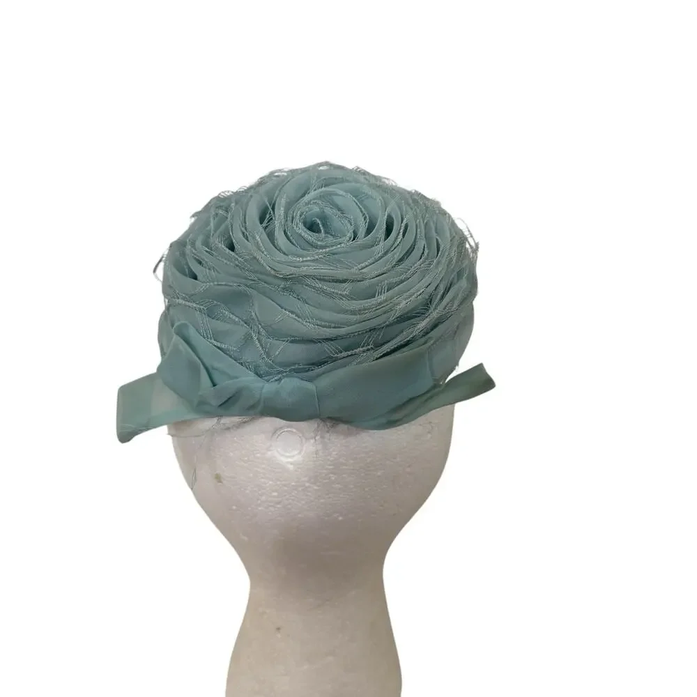 Vintage Robin’s Egg Blue Tulle Rose Pillbox Hat Cottagecore Fascinator - Picture 6 of 7
